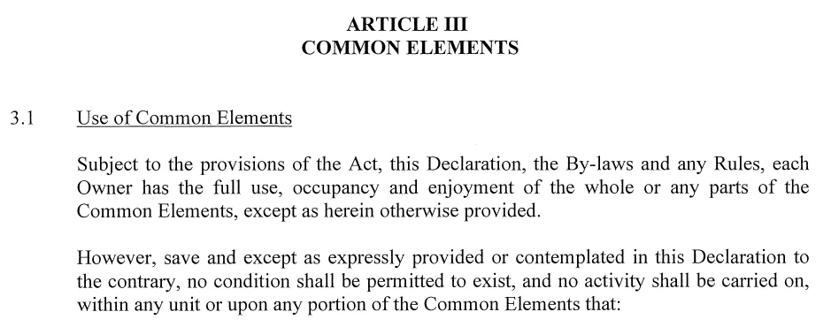 Use of common elements section in a condominium declaration